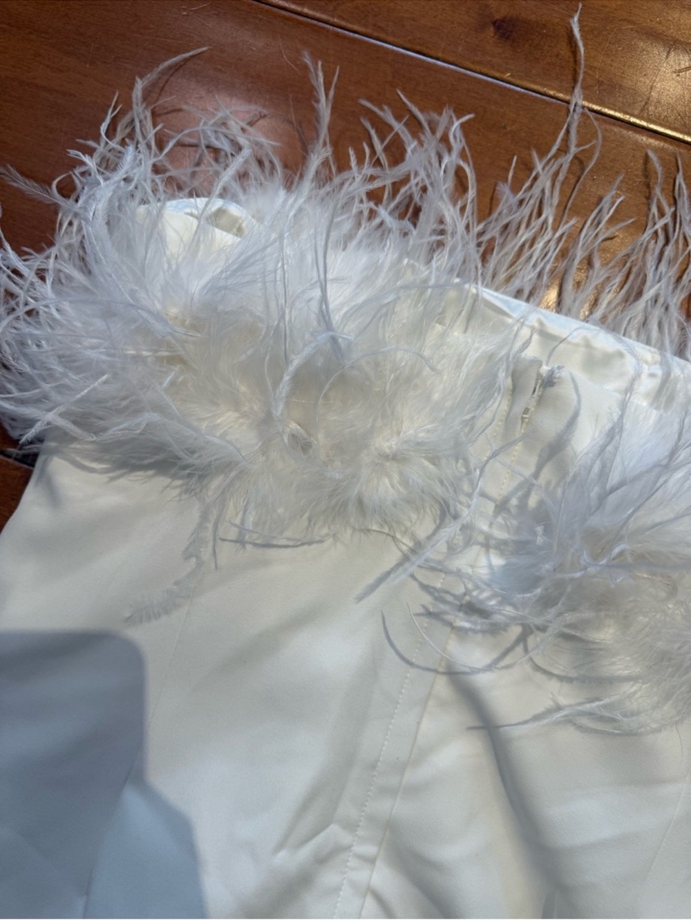 Strapless Crepe Feather Trim Mini Dress | David's Bridal size XL retail $229